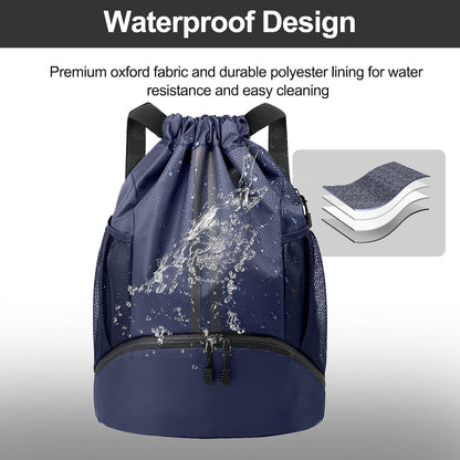 Sports Drawstring Backpack - String Swim Gym Bag with Shoes Compartment and Wet Proof Pocket for Women and Men