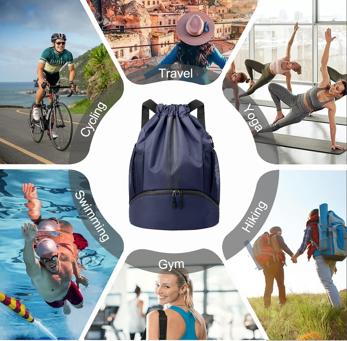 Sports Drawstring Backpack - String Swim Gym Bag with Shoes Compartment and Wet Proof Pocket for Women and Men