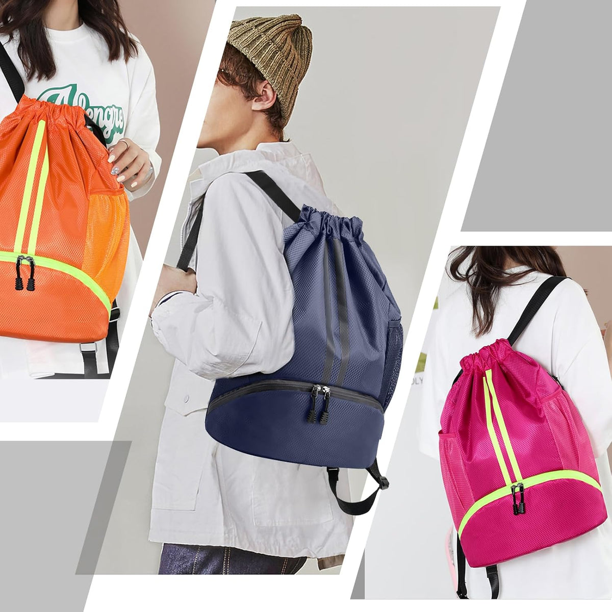 Sports Drawstring Backpack - String Swim Gym Bag with Shoes Compartment and Wet Proof Pocket for Women and Men