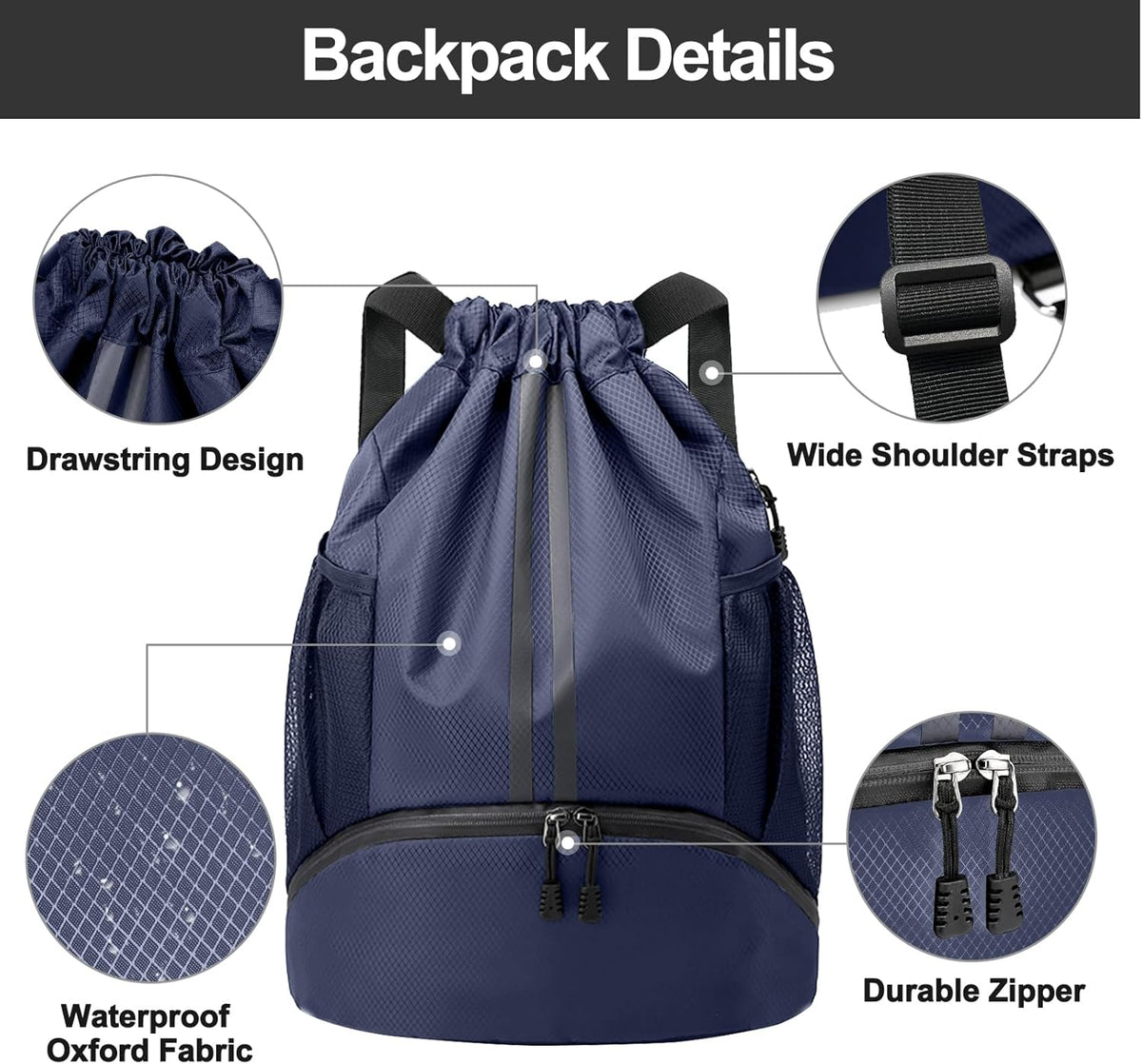 Sports Drawstring Backpack - String Swim Gym Bag with Shoes Compartment and Wet Proof Pocket for Women and Men