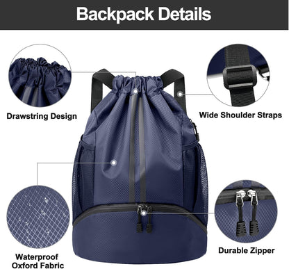 Sports Drawstring Backpack - String Swim Gym Bag with Shoes Compartment and Wet Proof Pocket for Women and Men