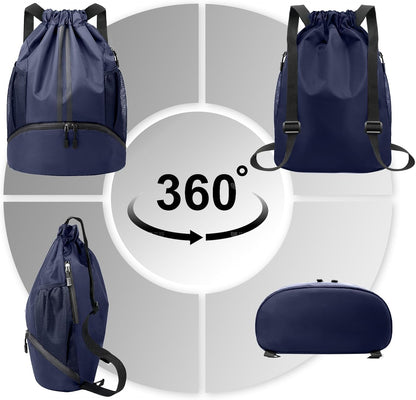 Sports Drawstring Backpack - String Swim Gym Bag with Shoes Compartment and Wet Proof Pocket for Women and Men