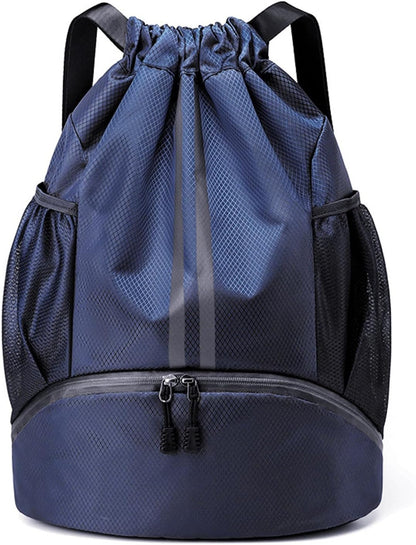 Sports Drawstring Backpack - String Swim Gym Bag with Shoes Compartment and Wet Proof Pocket for Women and Men