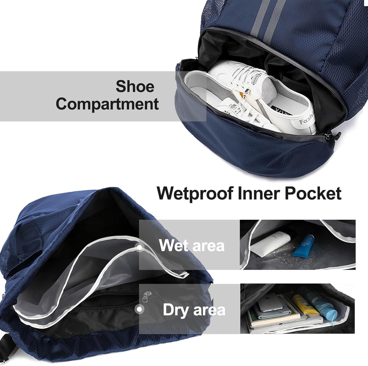Sports Drawstring Backpack - String Swim Gym Bag with Shoes Compartment and Wet Proof Pocket for Women and Men
