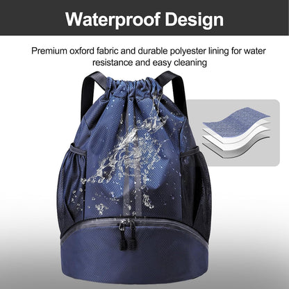 Sports Drawstring Backpack - String Swim Gym Bag with Shoes Compartment and Wet Proof Pocket for Women and Men