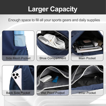 Sports Drawstring Backpack - String Swim Gym Bag with Shoes Compartment and Wet Proof Pocket for Women and Men