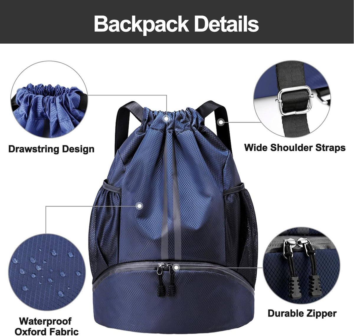 Sports Drawstring Backpack - String Swim Gym Bag with Shoes Compartment and Wet Proof Pocket for Women and Men