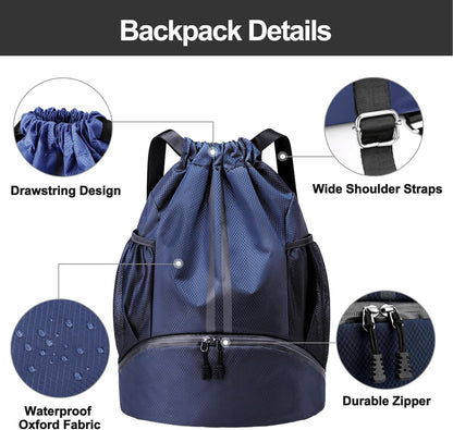 Sports Drawstring Backpack - String Swim Gym Bag with Shoes Compartment and Wet Proof Pocket for Women and Men
