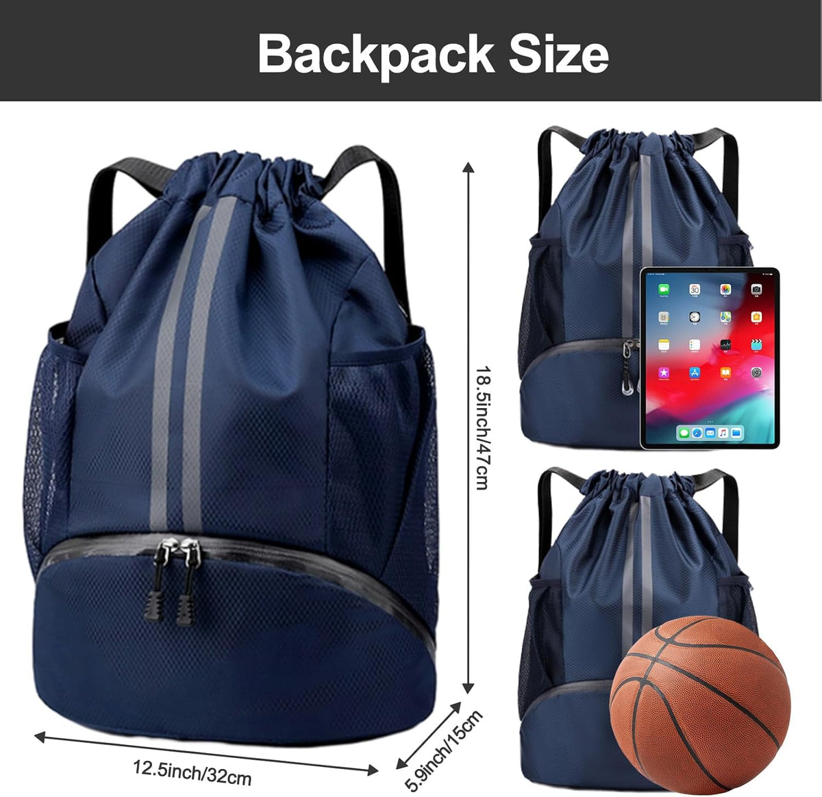 Sports Drawstring Backpack - String Swim Gym Bag with Shoes Compartment and Wet Proof Pocket for Women and Men