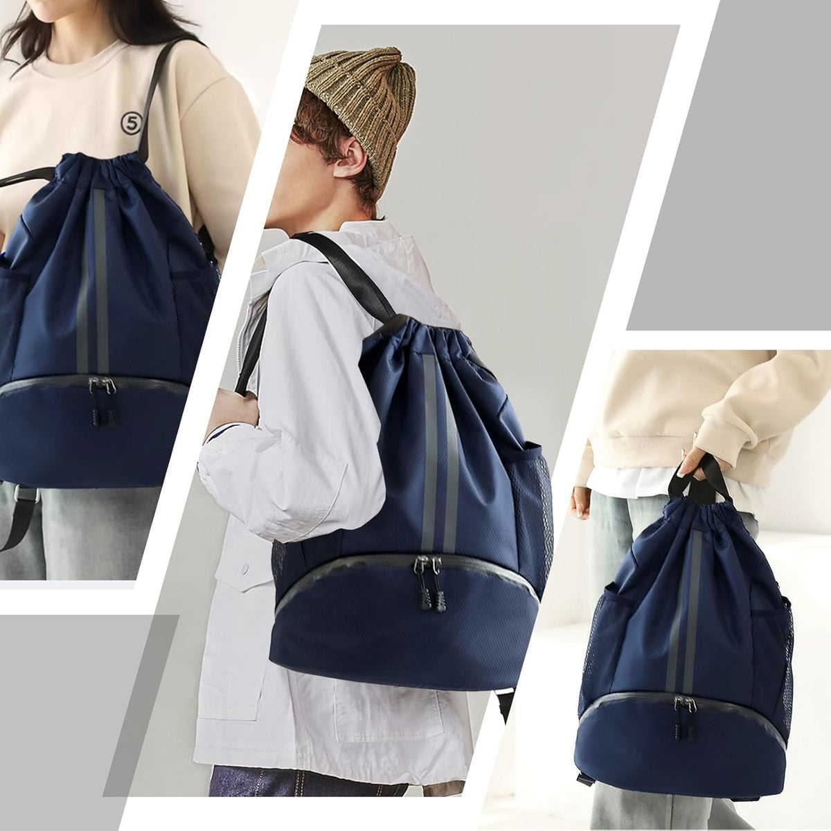 Sports Drawstring Backpack - String Swim Gym Bag with Shoes Compartment and Wet Proof Pocket for Women and Men