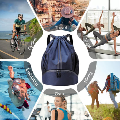 Sports Drawstring Backpack - String Swim Gym Bag with Shoes Compartment and Wet Proof Pocket for Women and Men