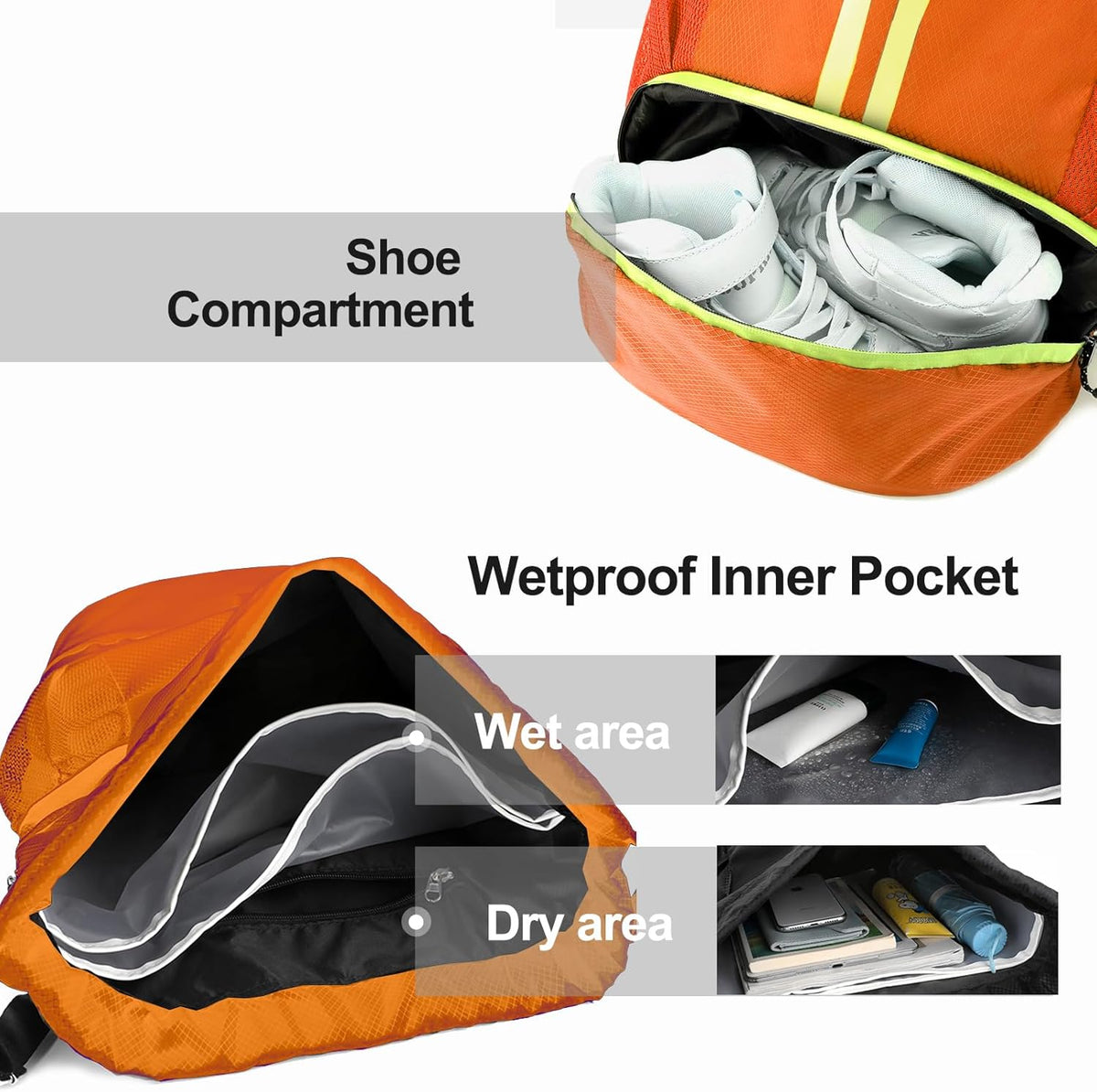 Sports Drawstring Backpack - String Swim Gym Bag with Shoes Compartment and Wet Proof Pocket for Women and Men