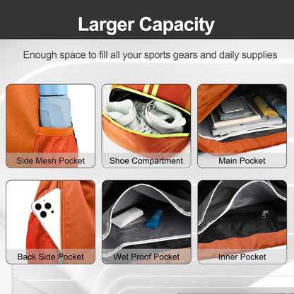 Sports Drawstring Backpack - String Swim Gym Bag with Shoes Compartment and Wet Proof Pocket for Women and Men