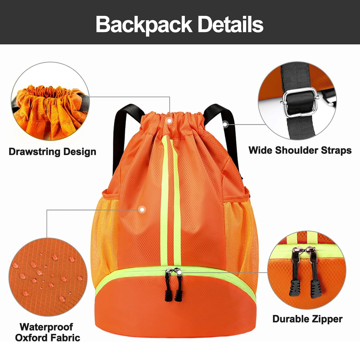 Sports Drawstring Backpack - String Swim Gym Bag with Shoes Compartment and Wet Proof Pocket for Women and Men