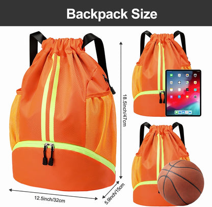 Sports Drawstring Backpack - String Swim Gym Bag with Shoes Compartment and Wet Proof Pocket for Women and Men