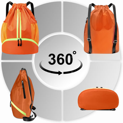 Sports Drawstring Backpack - String Swim Gym Bag with Shoes Compartment and Wet Proof Pocket for Women and Men