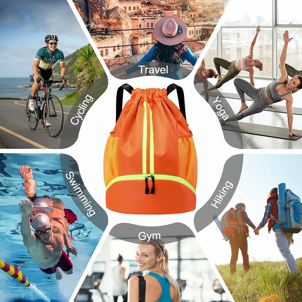 Sports Drawstring Backpack - String Swim Gym Bag with Shoes Compartment and Wet Proof Pocket for Women and Men