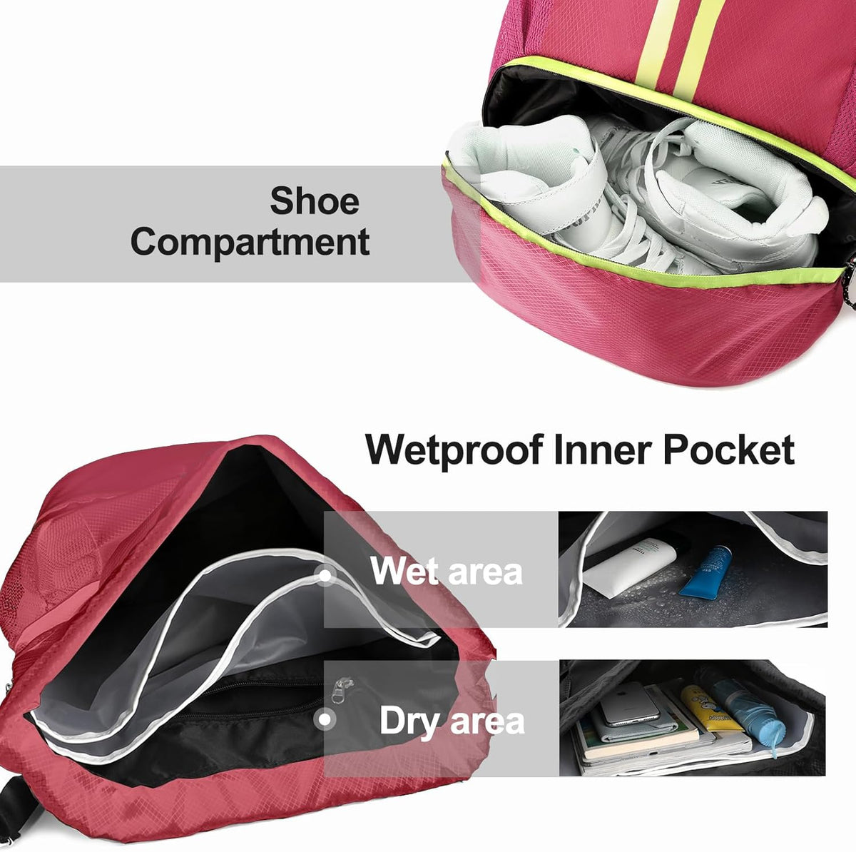 Sports Drawstring Backpack - String Swim Gym Bag with Shoes Compartment and Wet Proof Pocket for Women and Men
