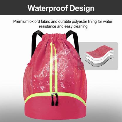 Sports Drawstring Backpack - String Swim Gym Bag with Shoes Compartment and Wet Proof Pocket for Women and Men