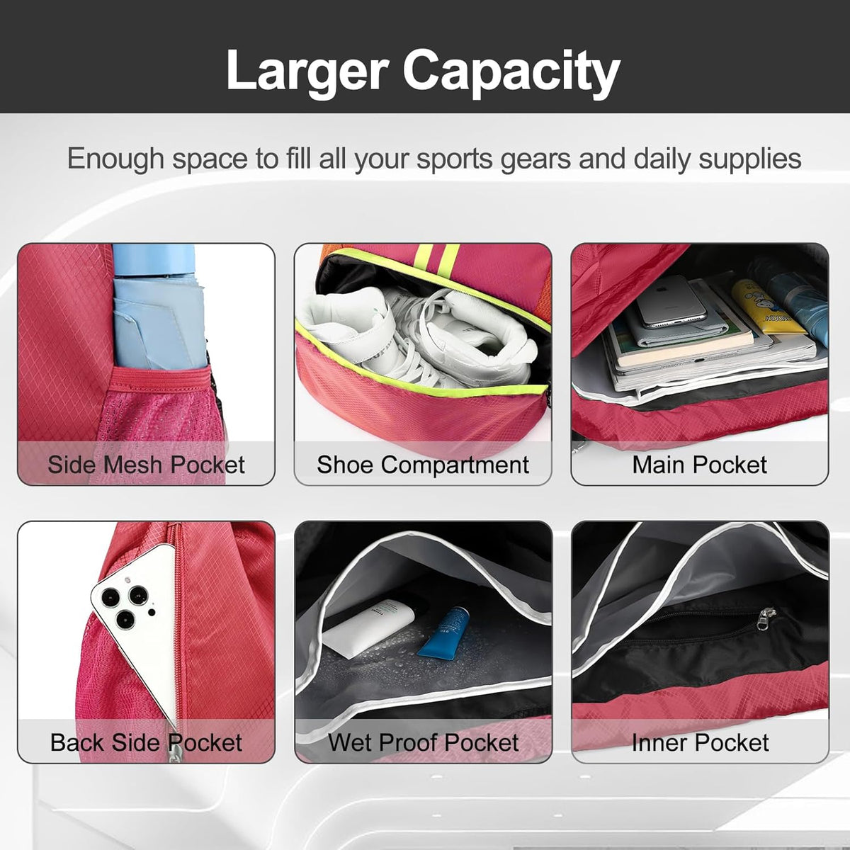Sports Drawstring Backpack - String Swim Gym Bag with Shoes Compartment and Wet Proof Pocket for Women and Men