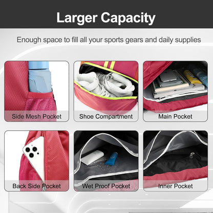 Sports Drawstring Backpack - String Swim Gym Bag with Shoes Compartment and Wet Proof Pocket for Women and Men