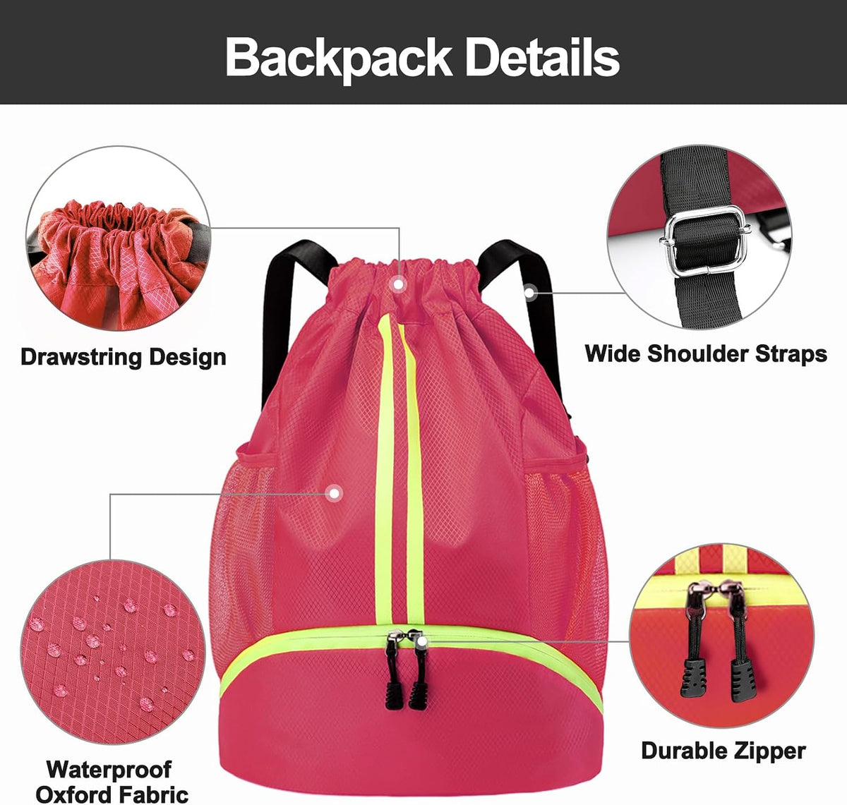 Sports Drawstring Backpack - String Swim Gym Bag with Shoes Compartment and Wet Proof Pocket for Women and Men