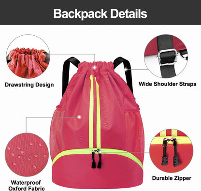 Sports Drawstring Backpack - String Swim Gym Bag with Shoes Compartment and Wet Proof Pocket for Women and Men