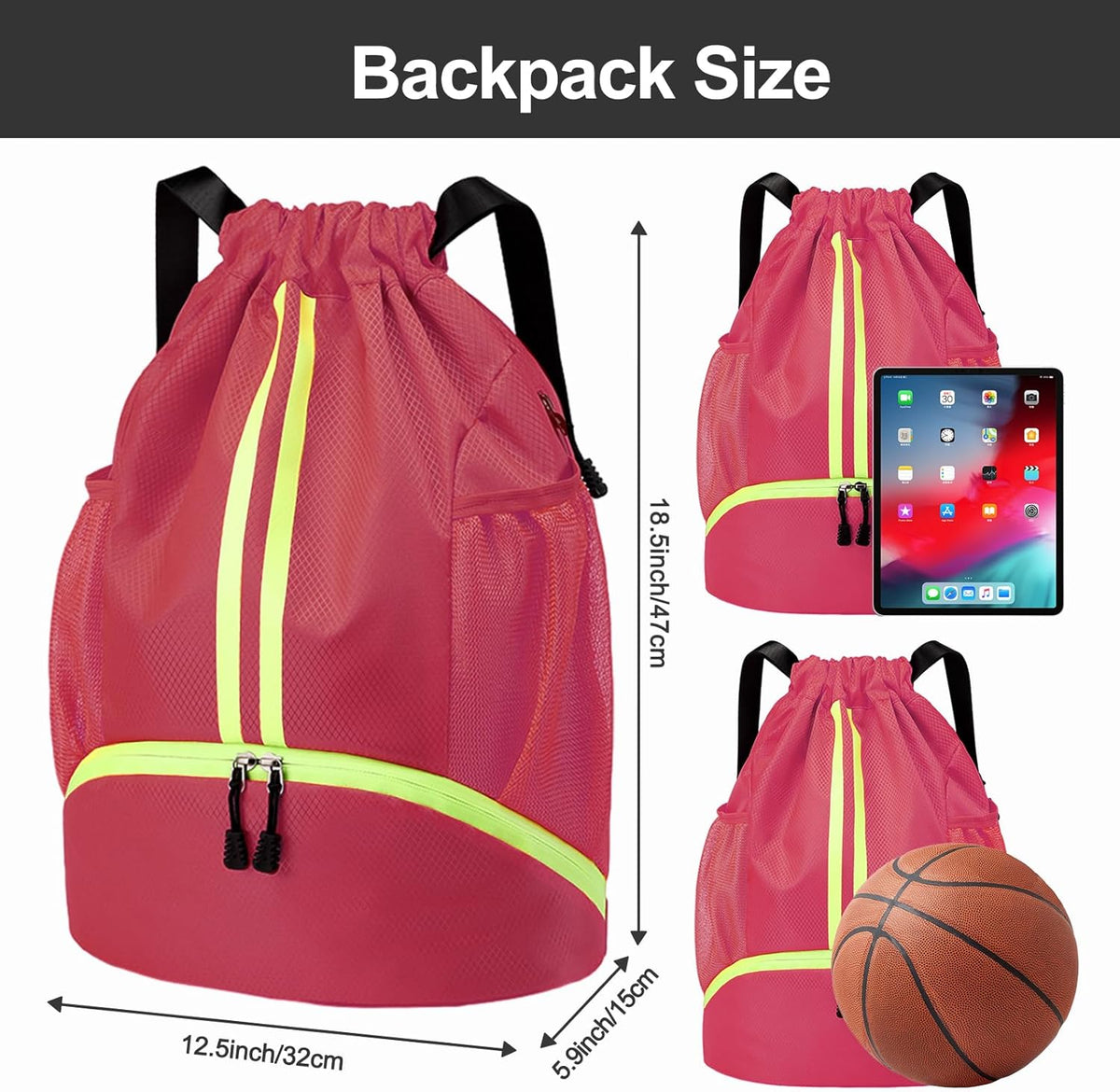 Sports Drawstring Backpack - String Swim Gym Bag with Shoes Compartment and Wet Proof Pocket for Women and Men