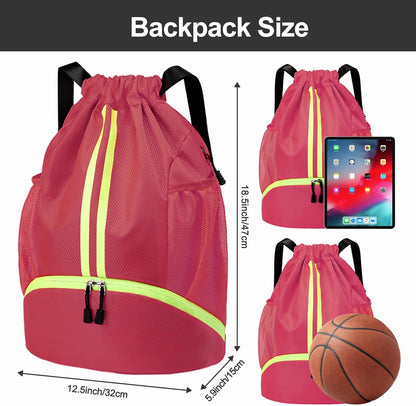 Sports Drawstring Backpack - String Swim Gym Bag with Shoes Compartment and Wet Proof Pocket for Women and Men