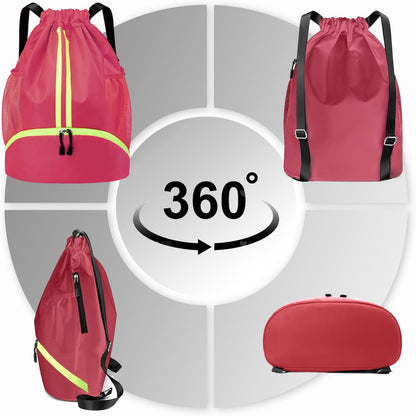 Sports Drawstring Backpack - String Swim Gym Bag with Shoes Compartment and Wet Proof Pocket for Women and Men