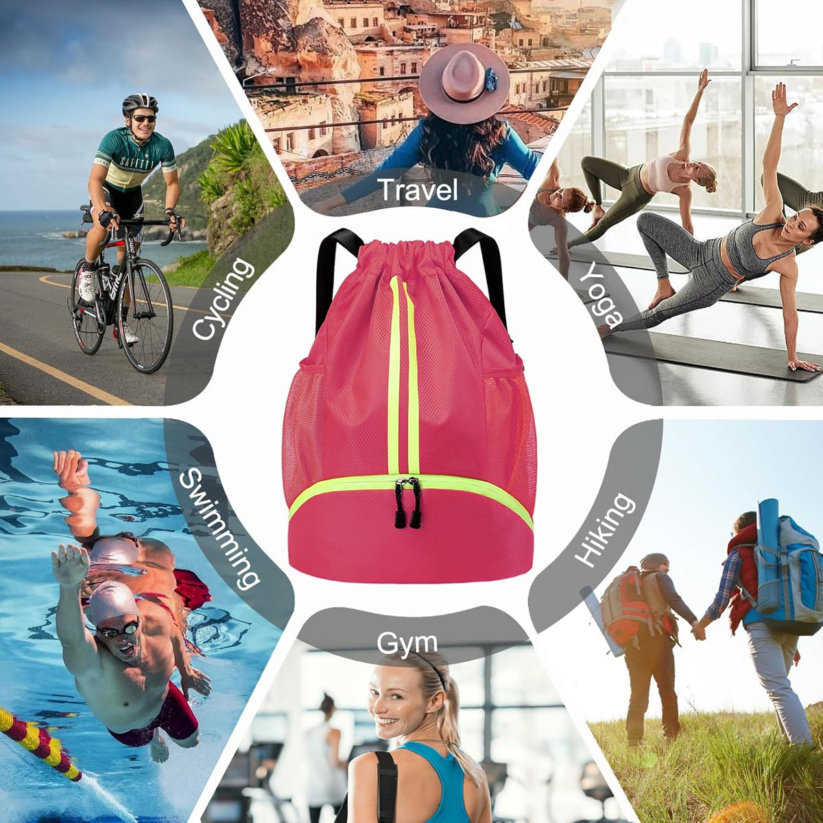 Sports Drawstring Backpack - String Swim Gym Bag with Shoes Compartment and Wet Proof Pocket for Women and Men