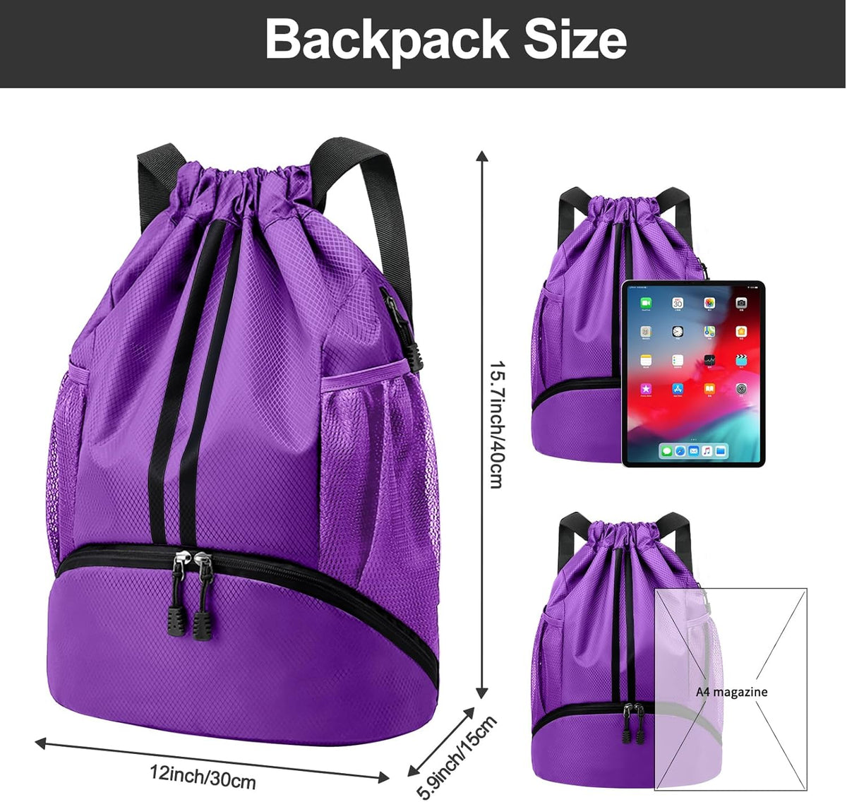 Sports Drawstring Backpack - String Swim Gym Bag with Shoes Compartment and Wet Proof Pocket for Women and Men
