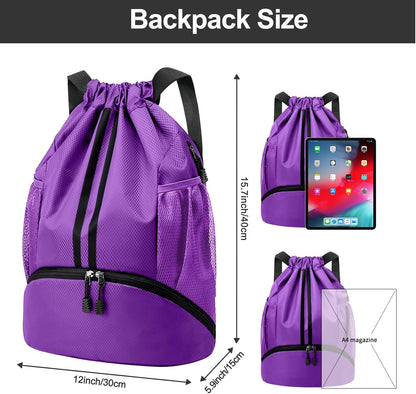 Sports Drawstring Backpack - String Swim Gym Bag with Shoes Compartment and Wet Proof Pocket for Women and Men