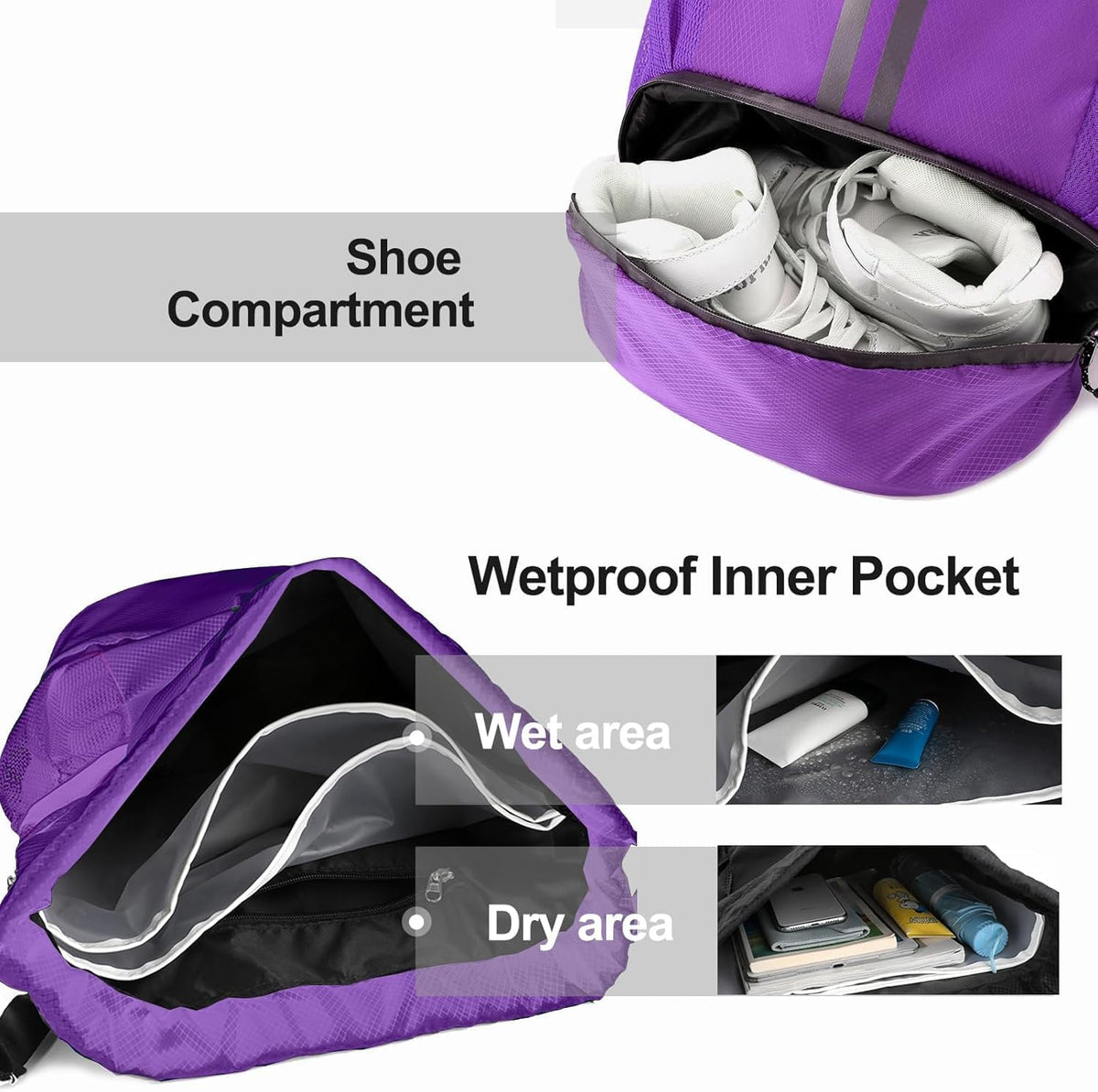 Sports Drawstring Backpack - String Swim Gym Bag with Shoes Compartment and Wet Proof Pocket for Women and Men