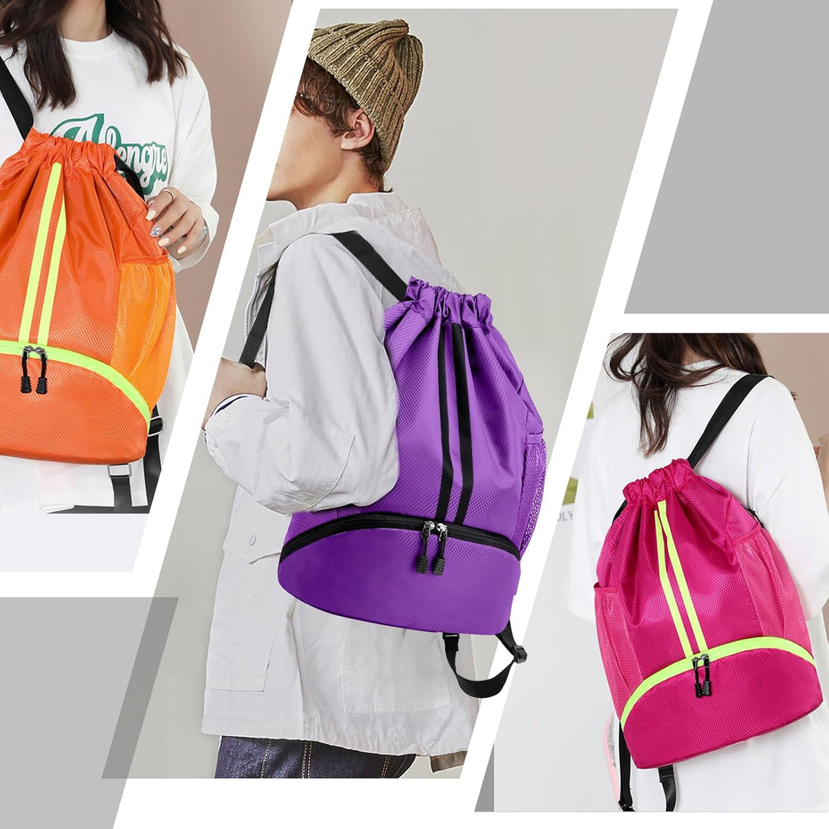 Sports Drawstring Backpack - String Swim Gym Bag with Shoes Compartment and Wet Proof Pocket for Women and Men