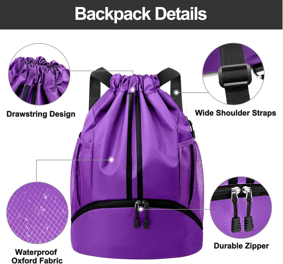 Sports Drawstring Backpack - String Swim Gym Bag with Shoes Compartment and Wet Proof Pocket for Women and Men