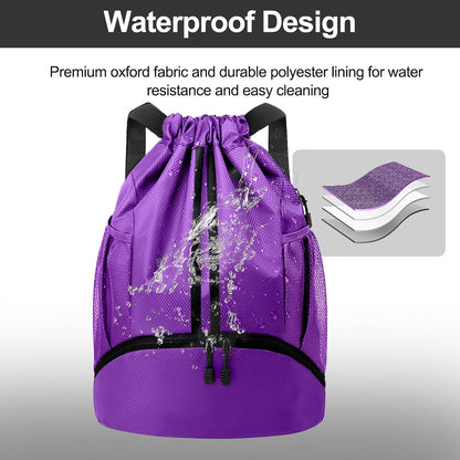 Sports Drawstring Backpack - String Swim Gym Bag with Shoes Compartment and Wet Proof Pocket for Women and Men