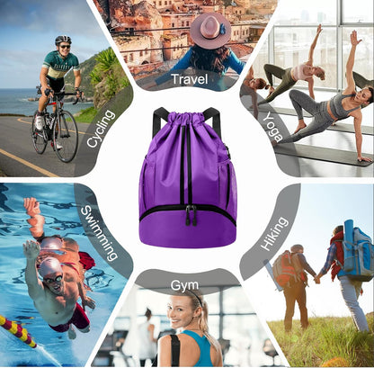 Sports Drawstring Backpack - String Swim Gym Bag with Shoes Compartment and Wet Proof Pocket for Women and Men