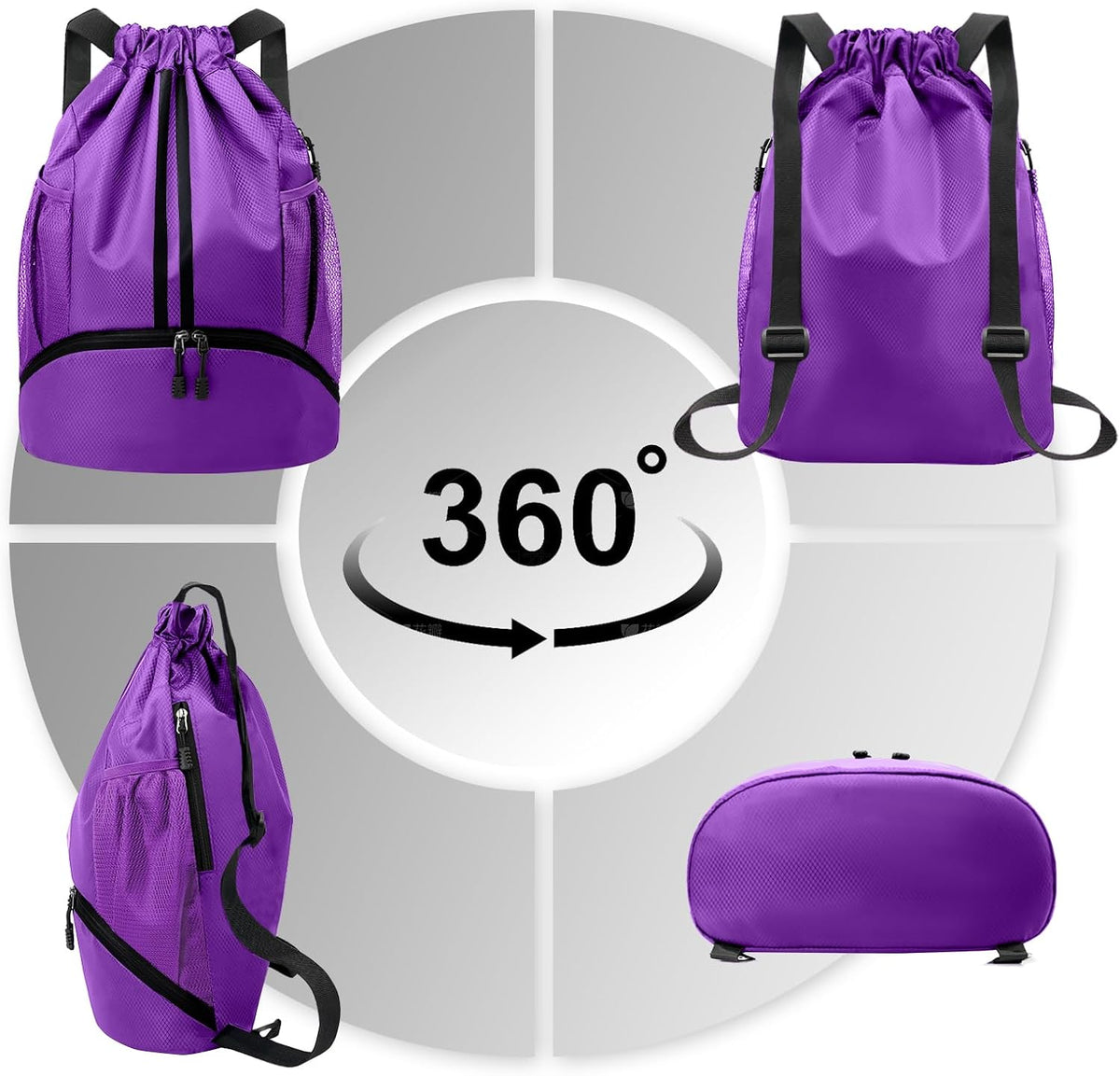 Sports Drawstring Backpack - String Swim Gym Bag with Shoes Compartment and Wet Proof Pocket for Women and Men