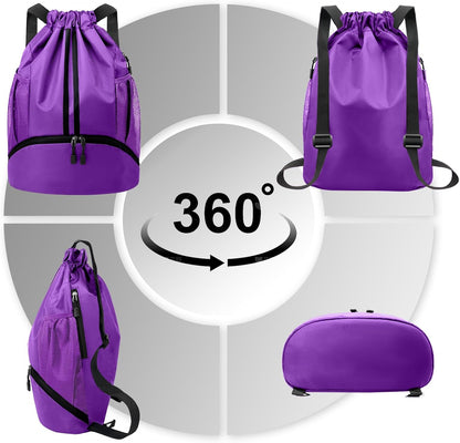 Sports Drawstring Backpack - String Swim Gym Bag with Shoes Compartment and Wet Proof Pocket for Women and Men
