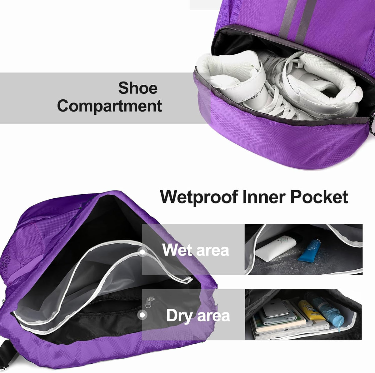 Sports Drawstring Backpack - String Swim Gym Bag with Shoes Compartment and Wet Proof Pocket for Women and Men