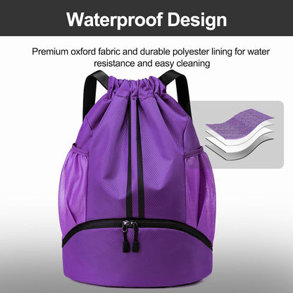 Sports Drawstring Backpack - String Swim Gym Bag with Shoes Compartment and Wet Proof Pocket for Women and Men