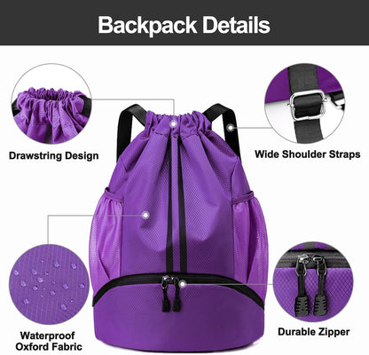 Sports Drawstring Backpack - String Swim Gym Bag with Shoes Compartment and Wet Proof Pocket for Women and Men