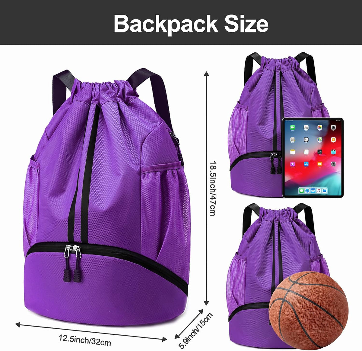 Sports Drawstring Backpack - String Swim Gym Bag with Shoes Compartment and Wet Proof Pocket for Women and Men