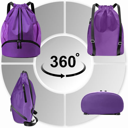 Sports Drawstring Backpack - String Swim Gym Bag with Shoes Compartment and Wet Proof Pocket for Women and Men