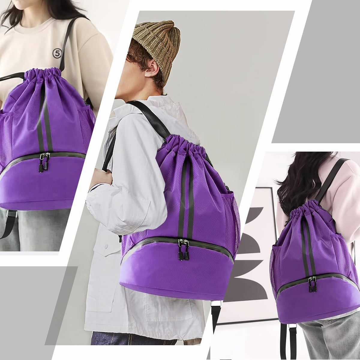 Sports Drawstring Backpack - String Swim Gym Bag with Shoes Compartment and Wet Proof Pocket for Women and Men