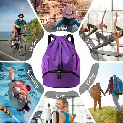 Sports Drawstring Backpack - String Swim Gym Bag with Shoes Compartment and Wet Proof Pocket for Women and Men