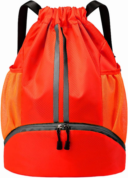 Sports Drawstring Backpack - String Swim Gym Bag with Shoes Compartment and Wet Proof Pocket for Women and Men