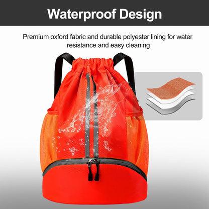 Sports Drawstring Backpack - String Swim Gym Bag with Shoes Compartment and Wet Proof Pocket for Women and Men