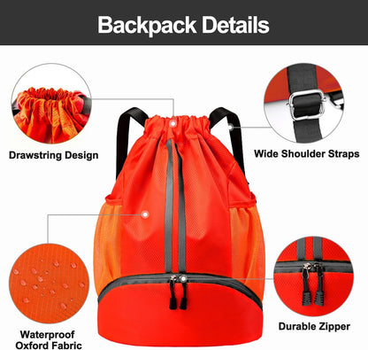 Sports Drawstring Backpack - String Swim Gym Bag with Shoes Compartment and Wet Proof Pocket for Women and Men